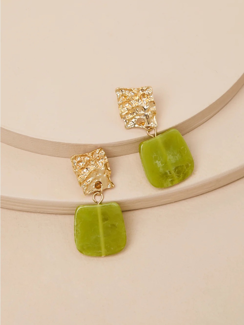 Gold and Green Hammered Stone Square Drop Earrings Lulu’s